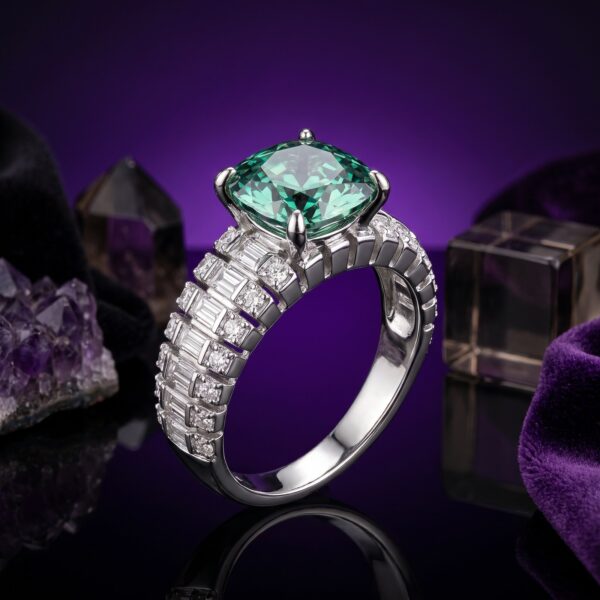 Green Cushion Ladder Ring - Monaya Diamonds